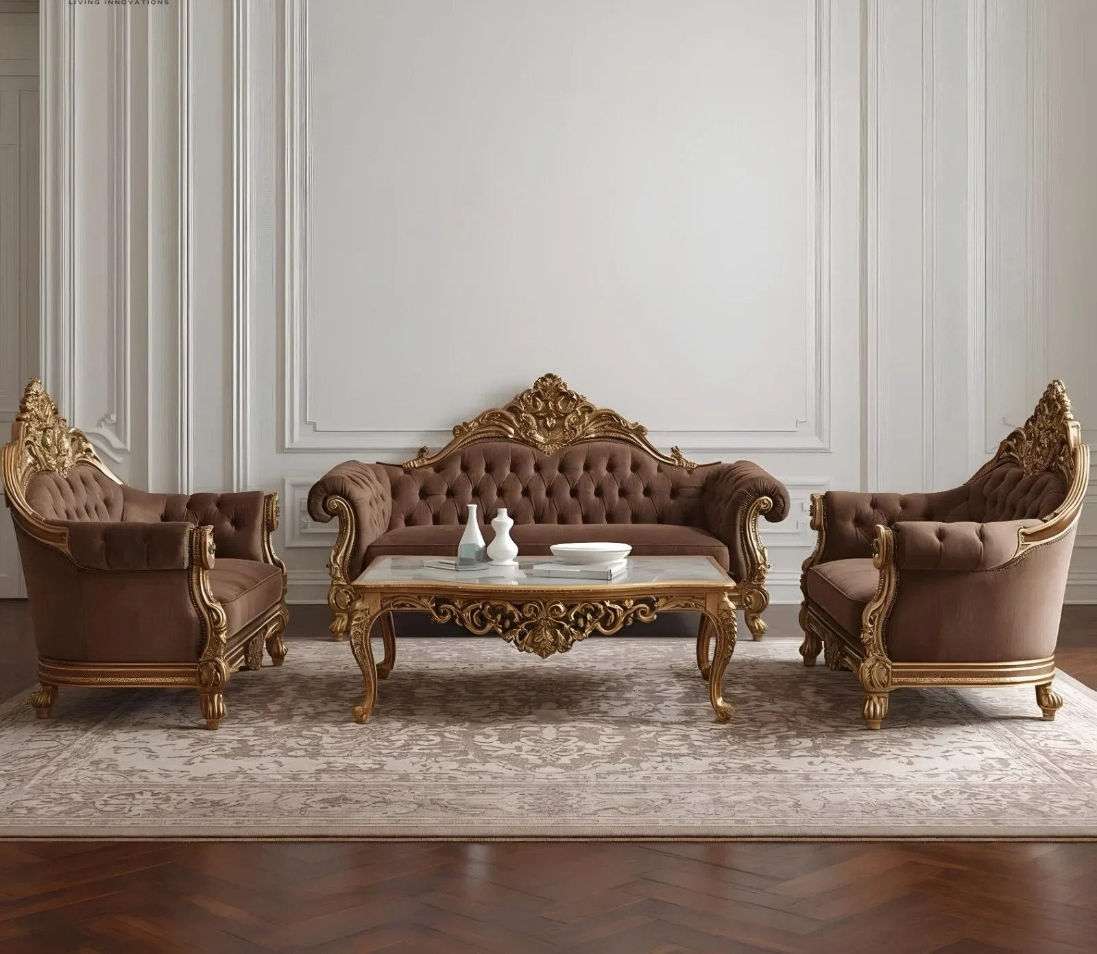 Wooden Royal Sofa Set with Antique Gold Finish